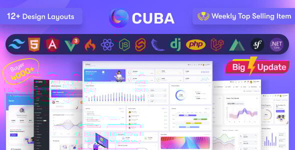 Cuba- Tailwind, Bootstrap, React, Angular, Vue, Nuxt, Next Js, Net, Laravel Admin Dashboard Template