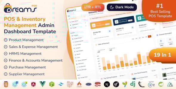 DreamsPOS - POS, Sales Analytics & Inventory Management Dashboard (React, Tailwind, Nextjs, Angular)