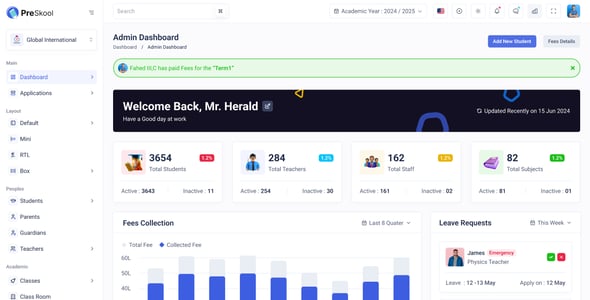 PreSkool - School ERP & Education Management Admin Dashboard (React, Next.js, Laravel, Vue, Angular)