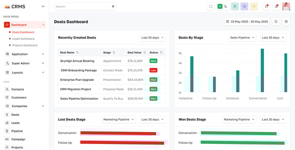 CRMS - Business CRM, Sales, HRM & Accounting Admin Dashboard Template (HTML, React, Tailwind, Vue)