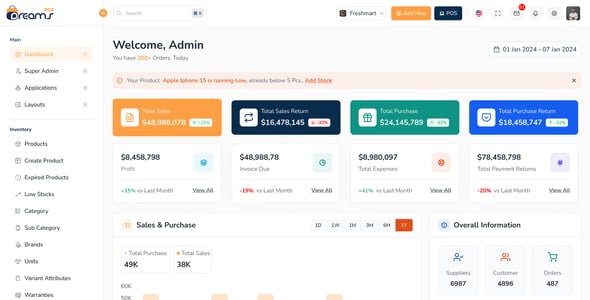 DreamsPOS - POS, Sales Analytics & Inventory Management Dashboard (React, Tailwind, Nextjs, Angular)