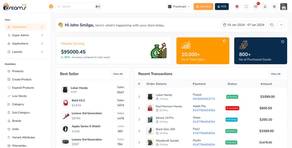 DreamsPOS - POS, Sales Analytics & Inventory Management Dashboard (React, Tailwind, Nextjs, Angular)
