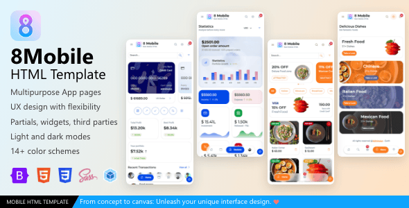 8 Mobile Finanace Wallet Restaurant Multipurpose Mobile App UI HTML Template